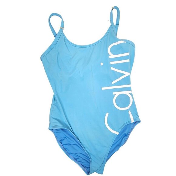Calvin Klein Light blue White Spell out One Piece Y2K Swimsuit - Picture 1 of 8